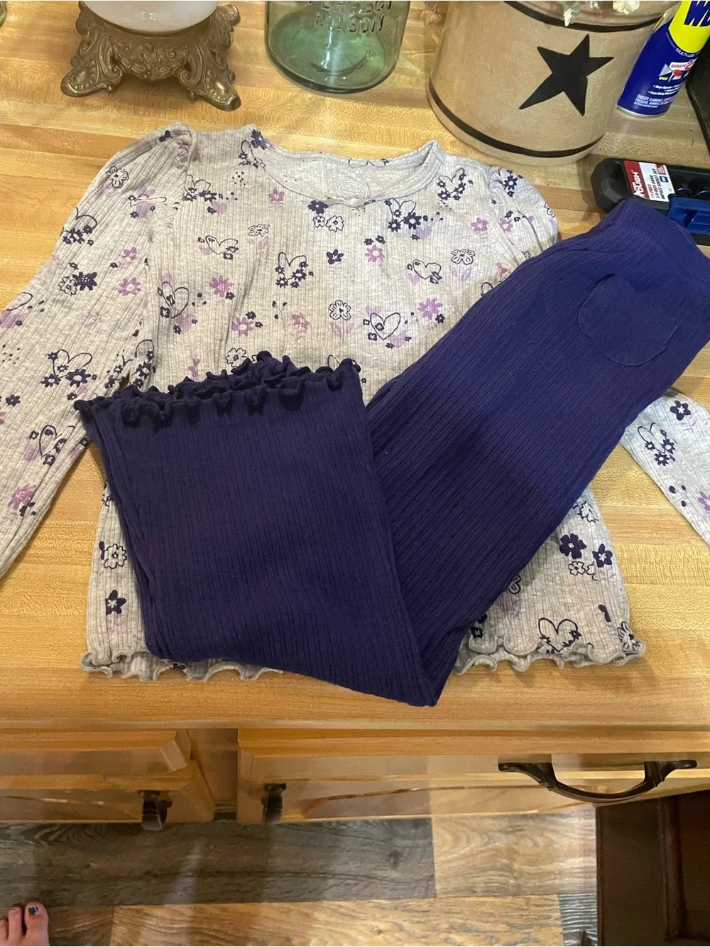 Girls Purple Floral Ribbed  Set - Long Sleeve Top & Ribbed Pants
